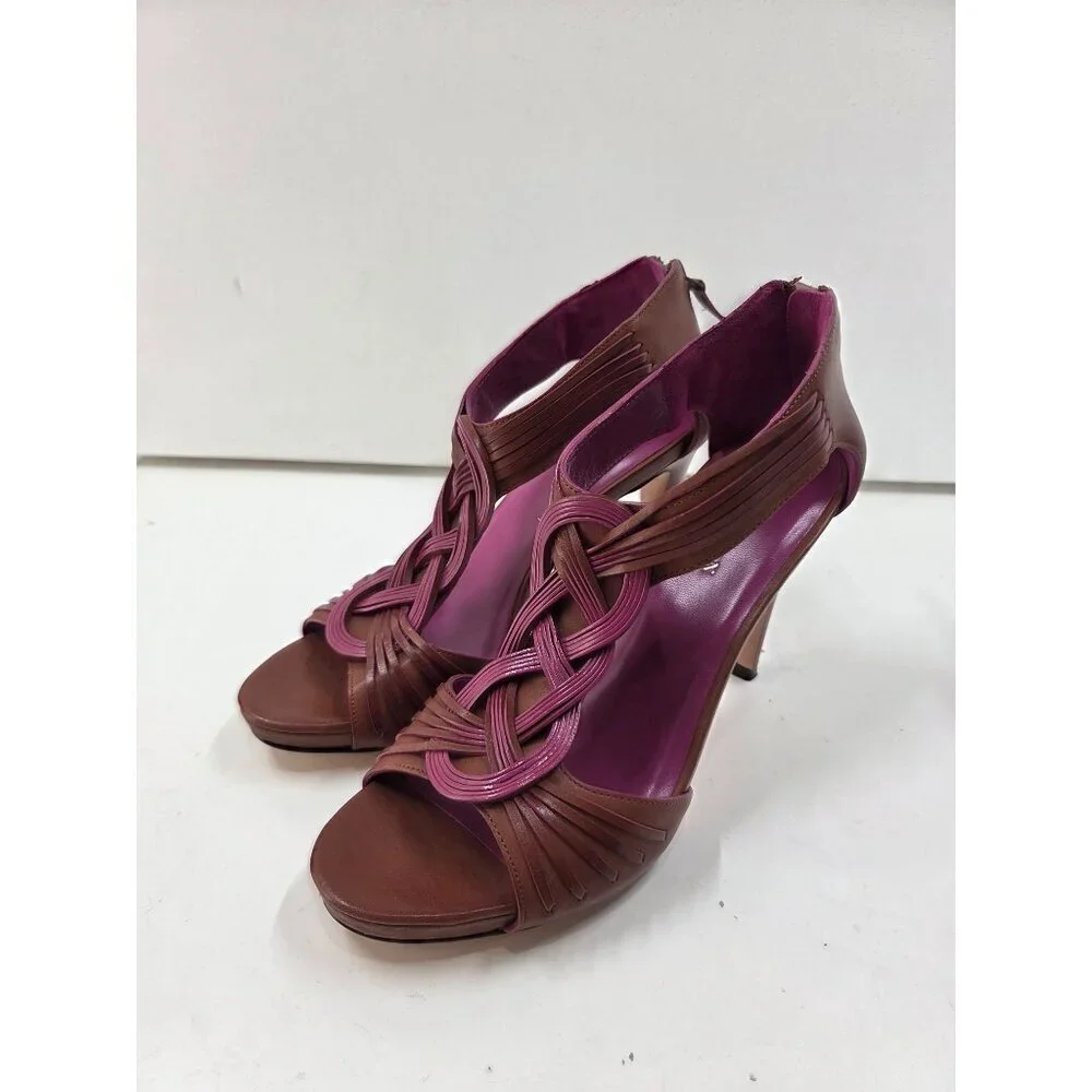 Cole Haan Vivian Brown/Pink Strappy Stiletto Heel Zipper Sandals - Size 8 B